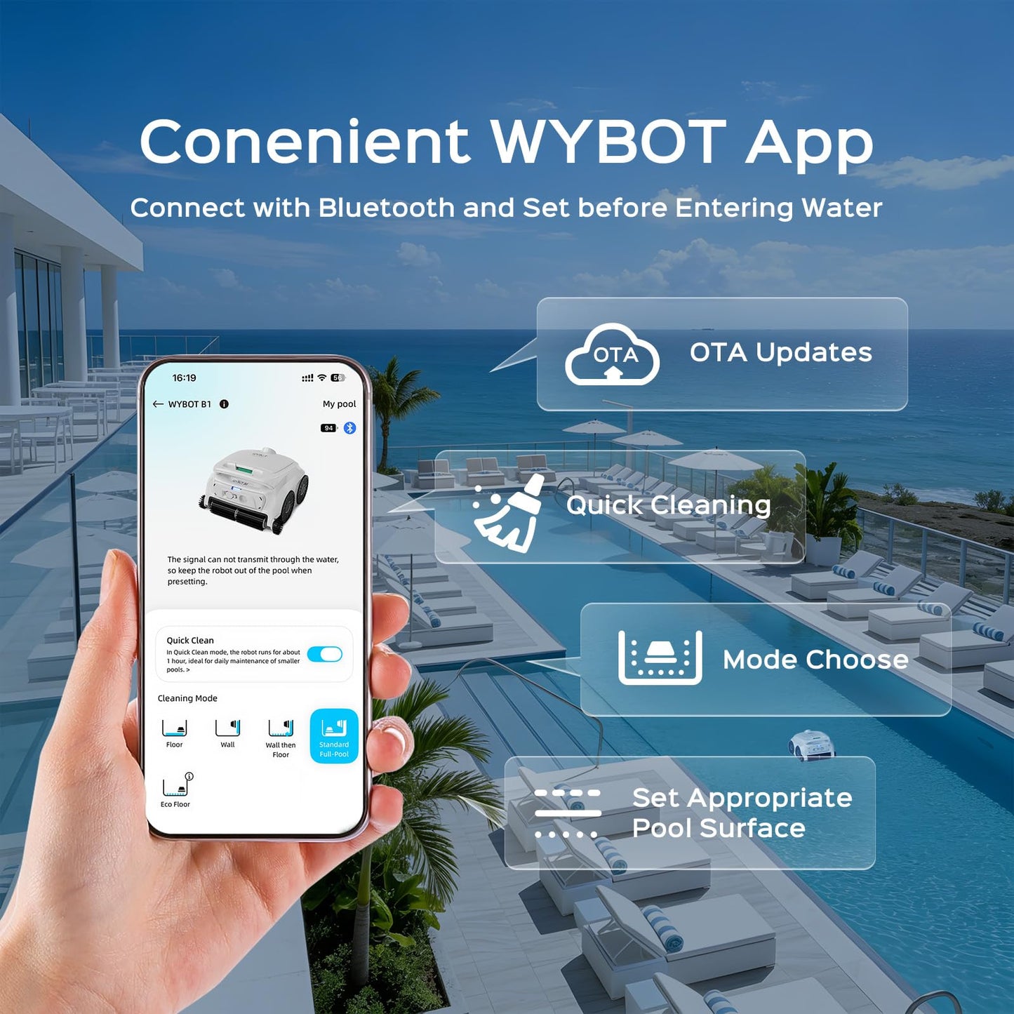 WYBOT B1 Cordless Robotic Pool Vacuum Pool Cleaner Robot for Inground Pools | Quad-Roller Brushes for Edge Cleaning, Floor & Wall Coverage, High Obstacle Crossing, Lightweight, App Control