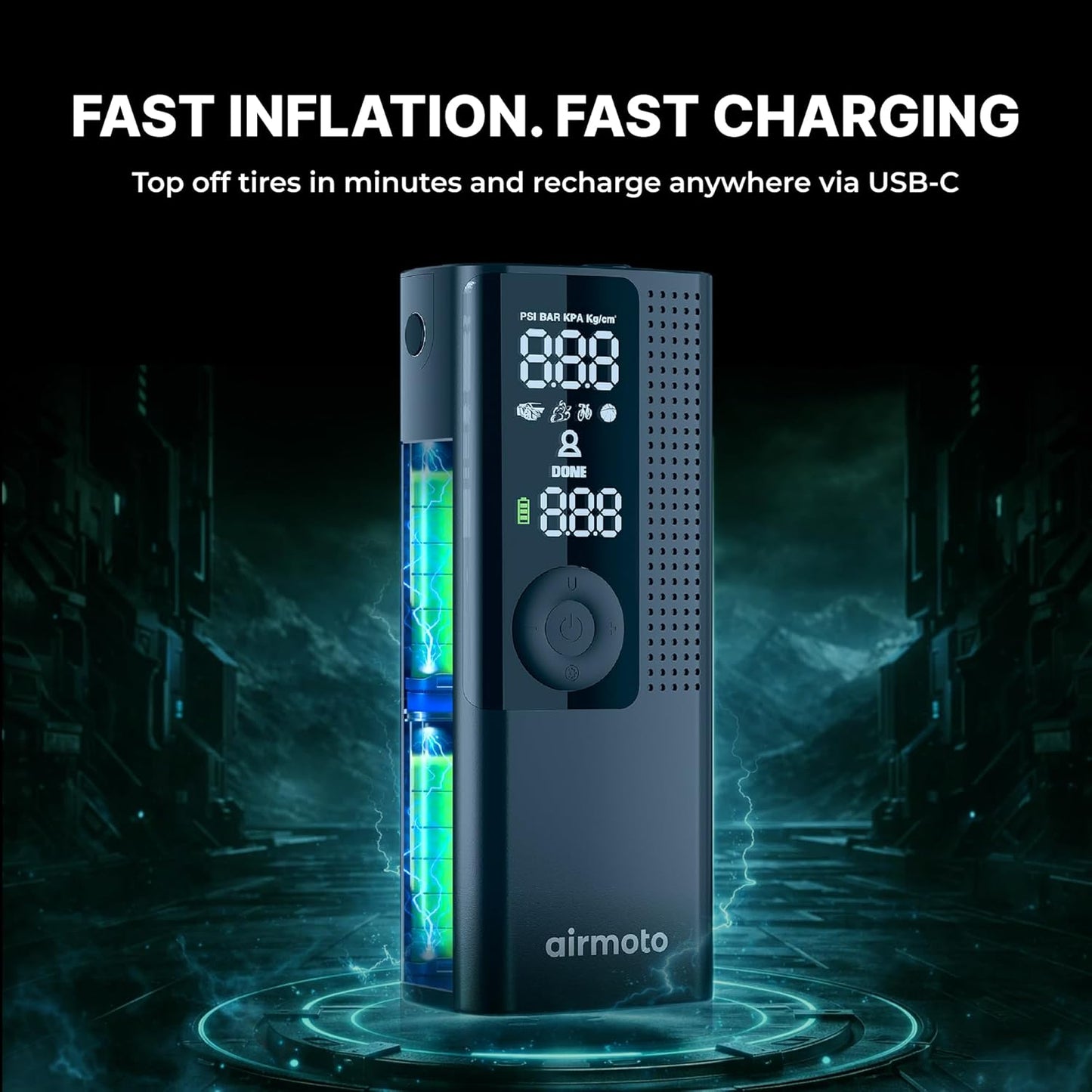 Airmoto Tire Inflator Portable Air Compressor for Cars, Bikes and Bicycles | Cordless Air Pump with Digital Pressure Gauge, Bright LED & Auto Shut-Off, Works on All Tires and Inflatables