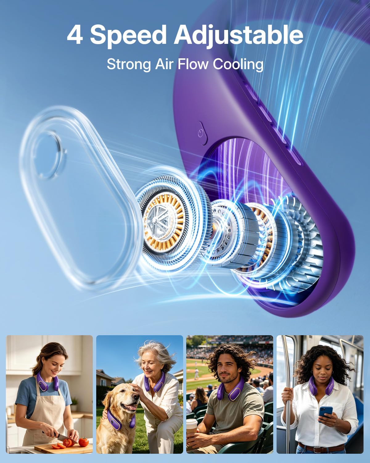 SHEWIND Portable Neck Fan - 5000mAh Rechargeable Hands-Free Wearable Fan | 4 Speeds, Bladeless & LED Display | Personal Cooling Fan for Travel, Outdoors, Camping - Black