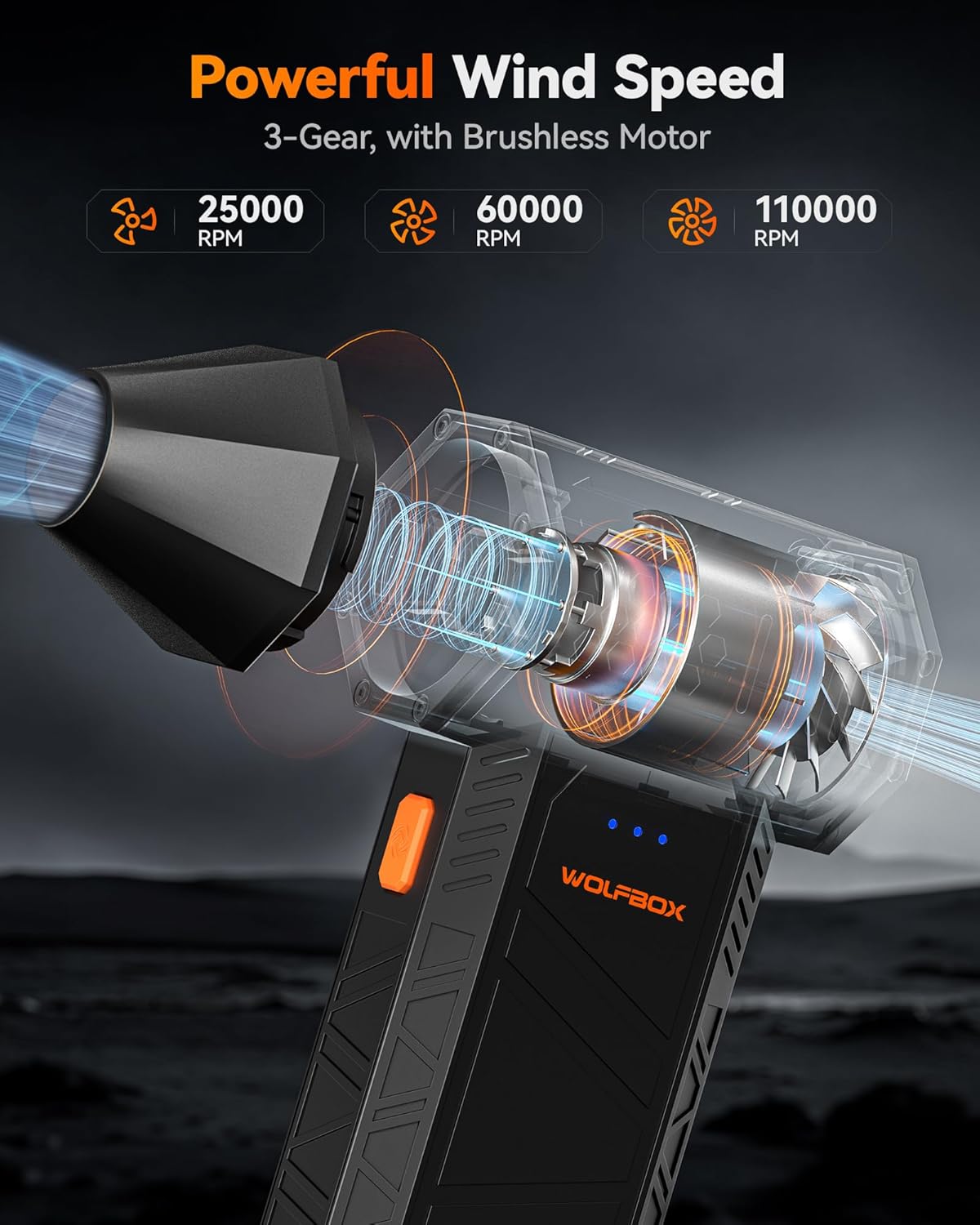 WOLFBOX MegaFlow 50 Compressed Air Duster, 110,000 RPM, 3-Gear Adjustable | Electric, Mini Blower, Fast Charging, Computer, Keyboard, House, Outdoor, Car, 0.45 lb Lightweight, 4 Nozzles