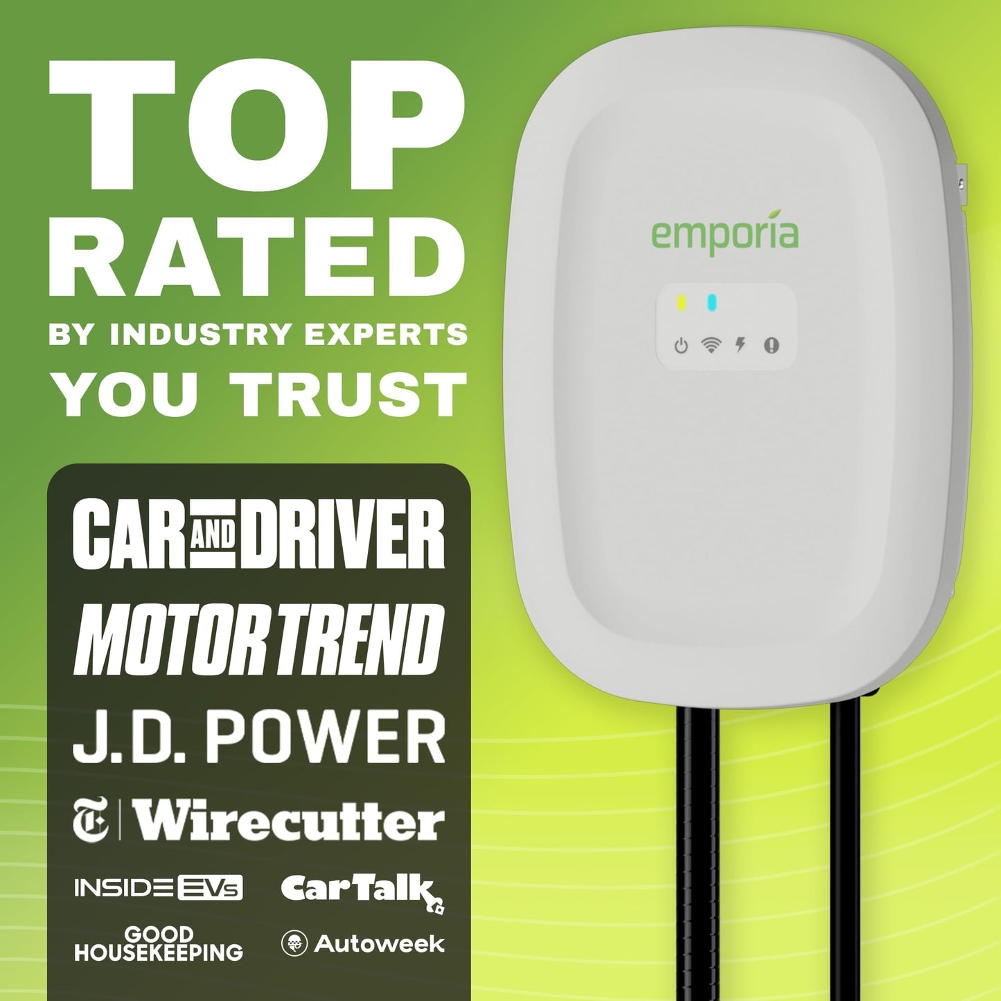 EMPORIA Level 2 EV Charger w/ J1772 Connector — 48 Amp, 240V WiFi Enabled Electric Vehicle Charging Station, 25ft Cable, NEMA 14-50, White