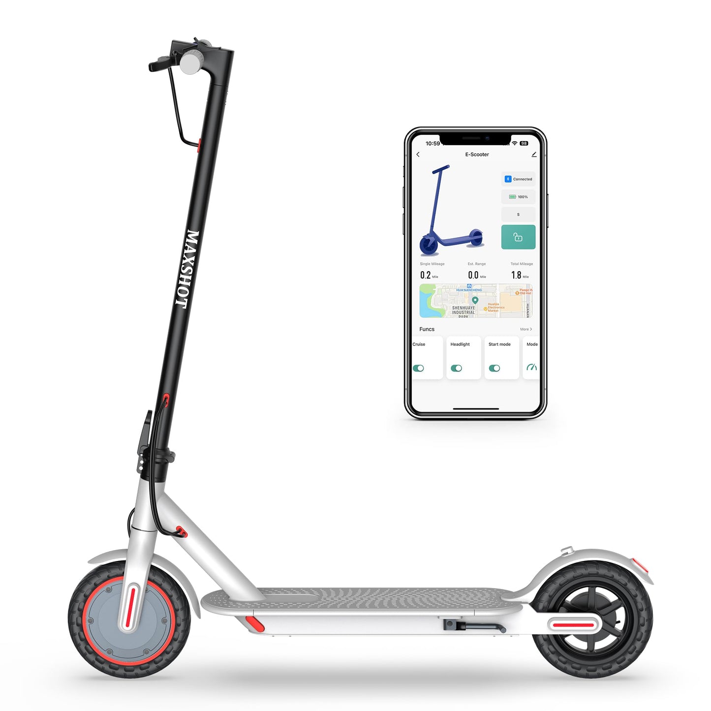 Maxshot Electric Scooter, 8.5" /10" /14" Tire, 16/19/22 Mph Top Speed, 12/16/21/27/28/49/50 Miles Long Range, Folding Escooter for Adults and Kids with Seat Bag, Dual Braking, Dual Suspension, App