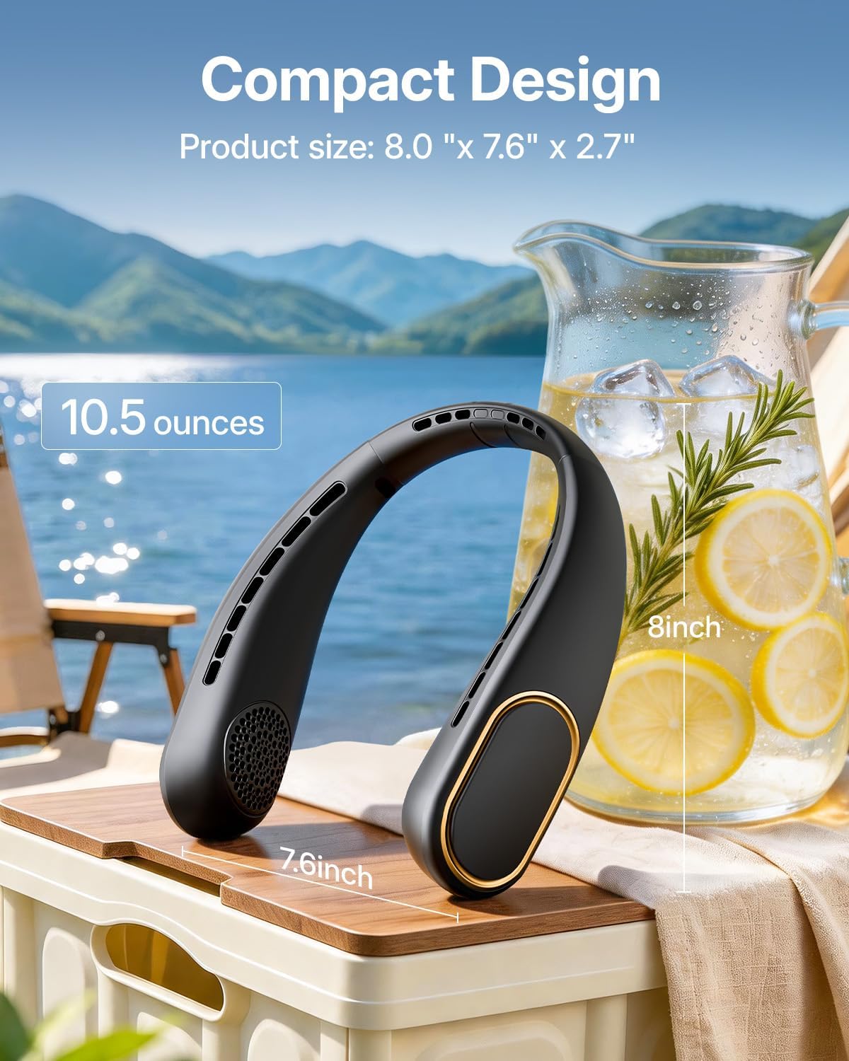 SHEWIND Portable Neck Fan - 5000mAh Rechargeable Hands-Free Wearable Fan | 4 Speeds, Bladeless & LED Display | Personal Cooling Fan for Travel, Outdoors, Camping - Black