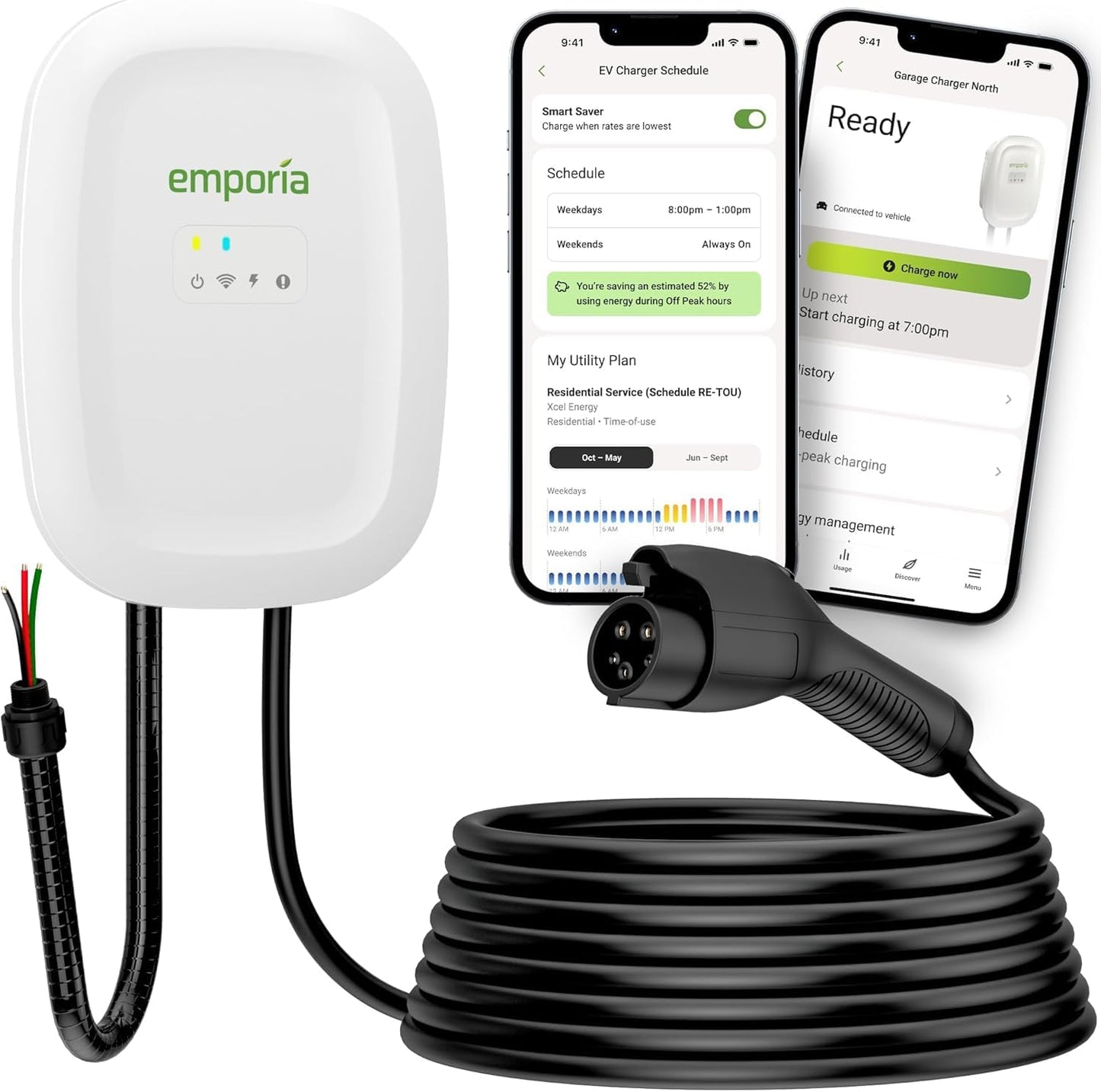 EMPORIA Level 2 EV Charger w/ J1772 Connector — 48 Amp, 240V WiFi Enabled Electric Vehicle Charging Station, 25ft Cable, NEMA 14-50, White
