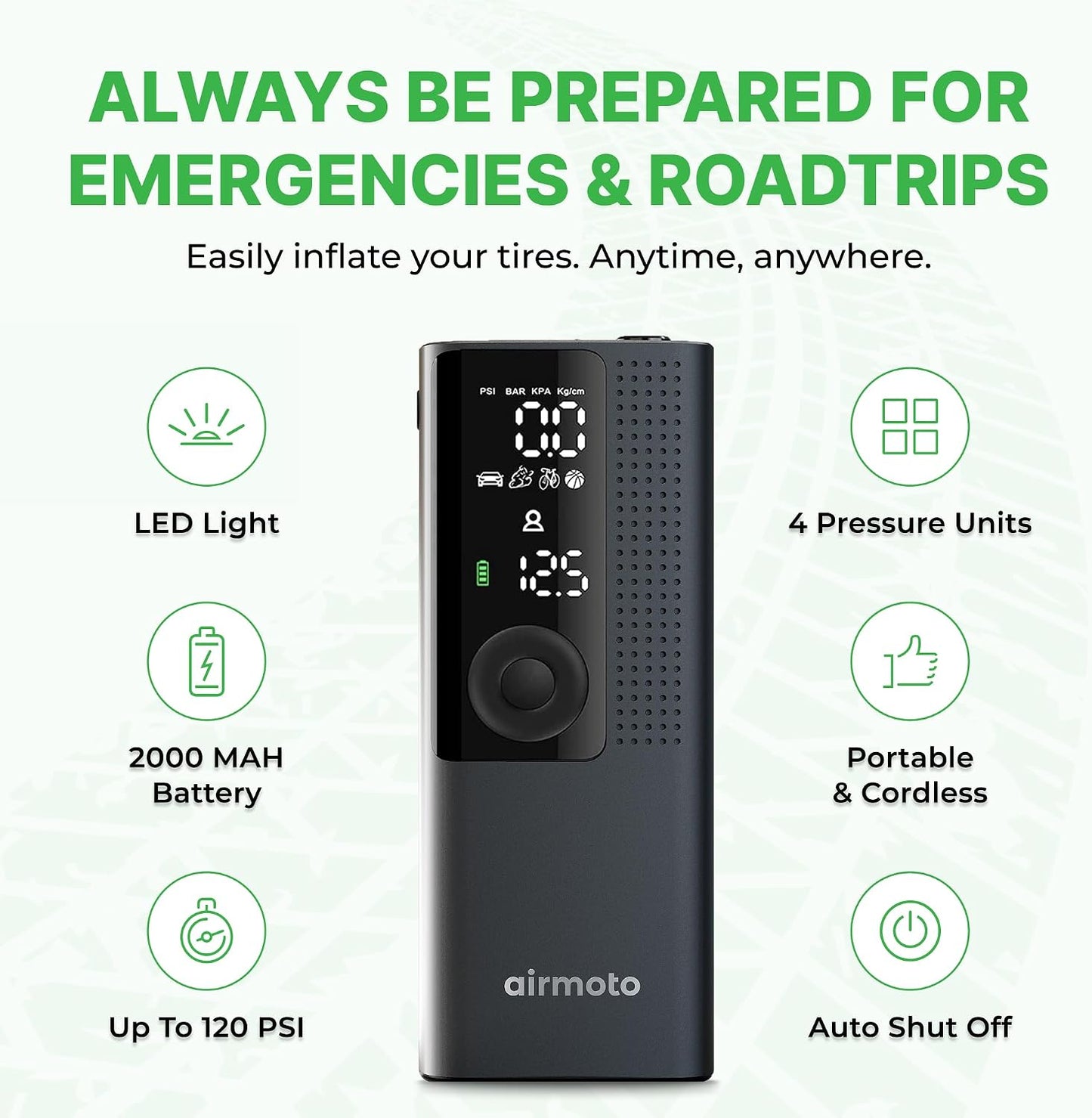 Airmoto Tire Inflator Portable Air Compressor for Cars, Bikes and Bicycles | Cordless Air Pump with Digital Pressure Gauge, Bright LED & Auto Shut-Off, Works on All Tires and Inflatables