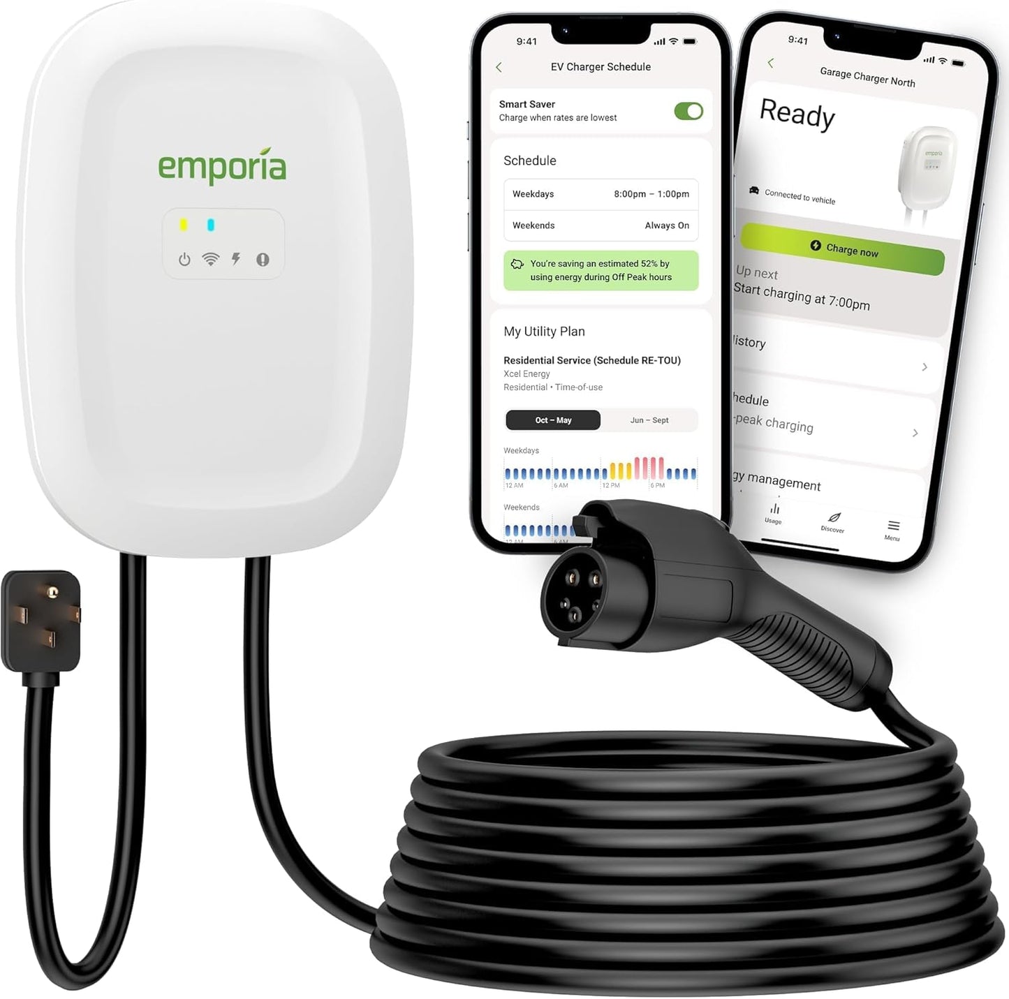 EMPORIA Level 2 EV Charger w/ J1772 Connector — 48 Amp, 240V WiFi Enabled Electric Vehicle Charging Station, 25ft Cable, NEMA 14-50, White