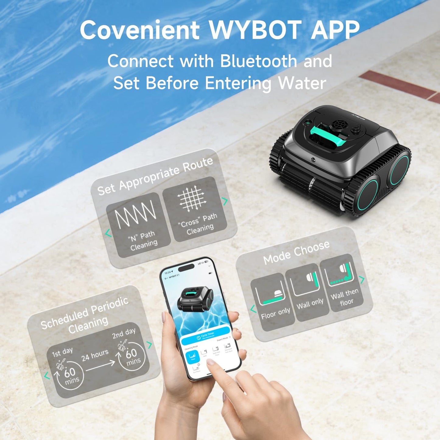 WYBOT C1 Cordless Robotic Pool Vacuum for Inground Pools, Professional | 4-in-1 Robotic Pool Cleaner for Above Ground Pool, 160 Mins Runtime, APP Countrol, Smart Navigation with Powerful Suction