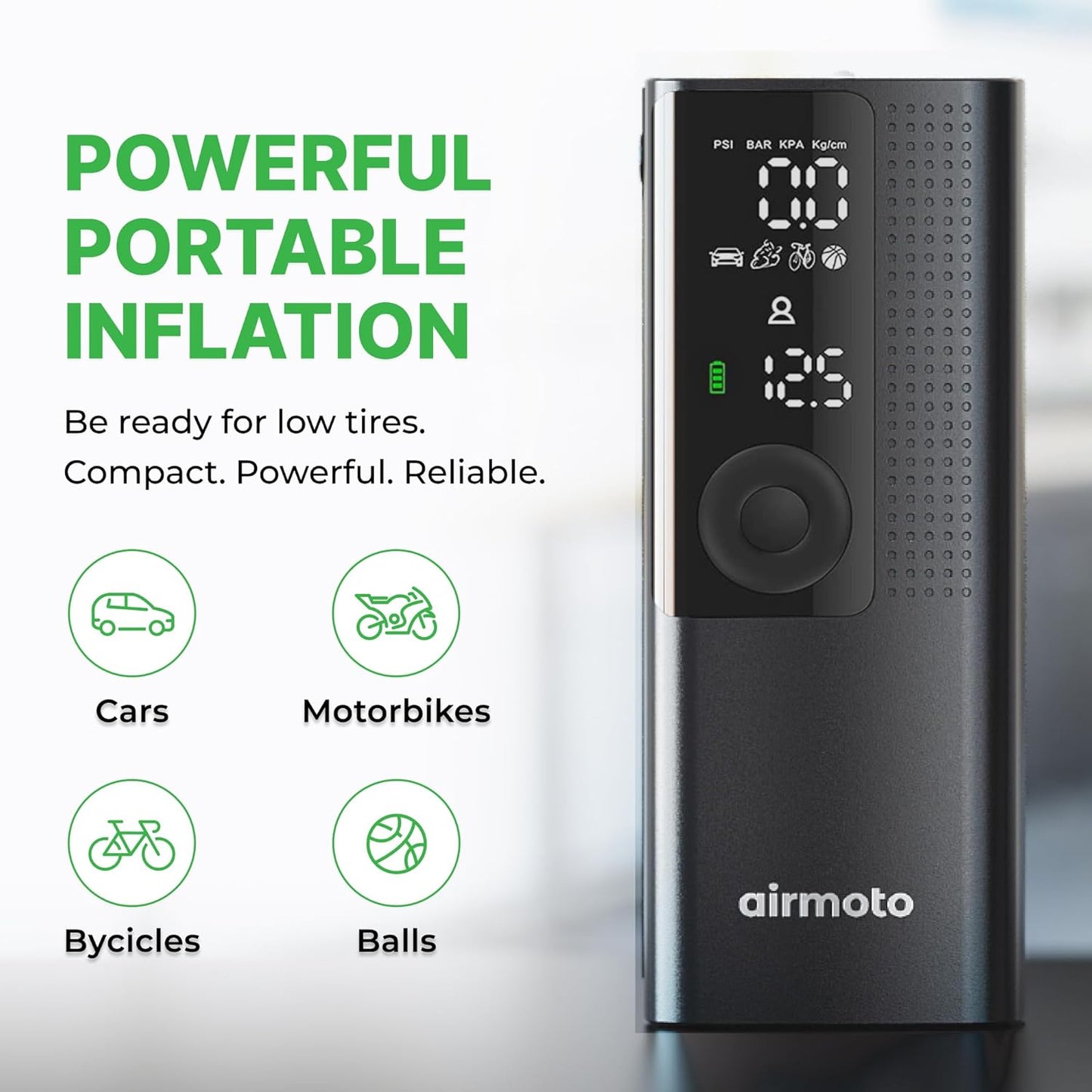 Airmoto Tire Inflator Portable Air Compressor for Cars, Bikes and Bicycles | Cordless Air Pump with Digital Pressure Gauge, Bright LED & Auto Shut-Off, Works on All Tires and Inflatables