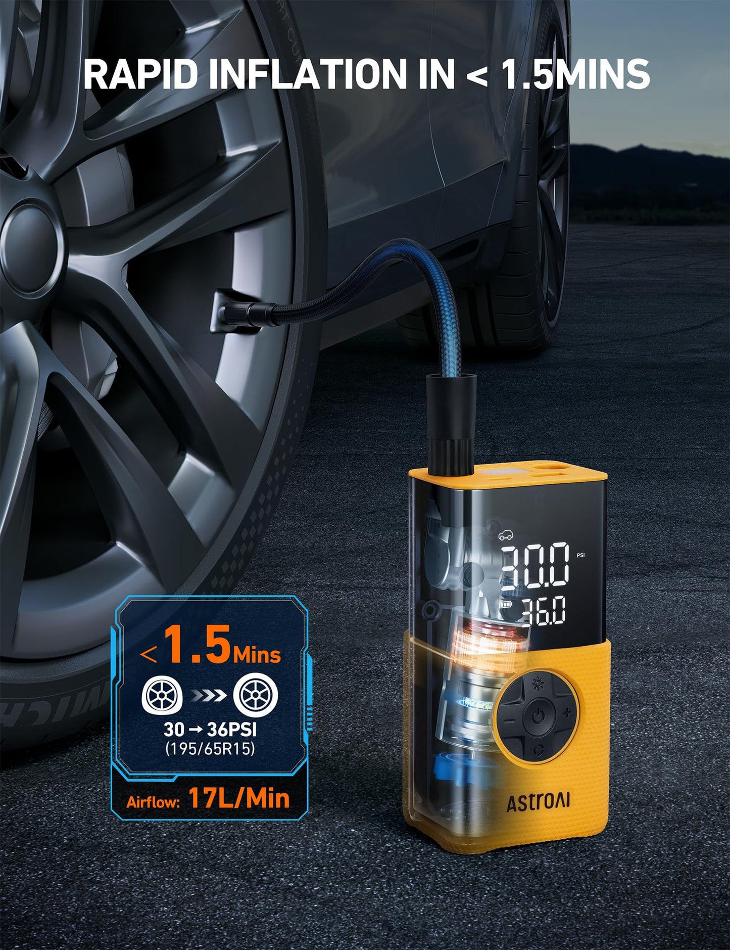 AstroAI L7 Tire Inflator Portable Air Compressor,150 PSI Cordless Bike Pump | For Car Tires, Bikes, Motorcycles and Balls; Auto Shut-off, Digital Display Pressure Gauge, Fast Inflation, LED Light