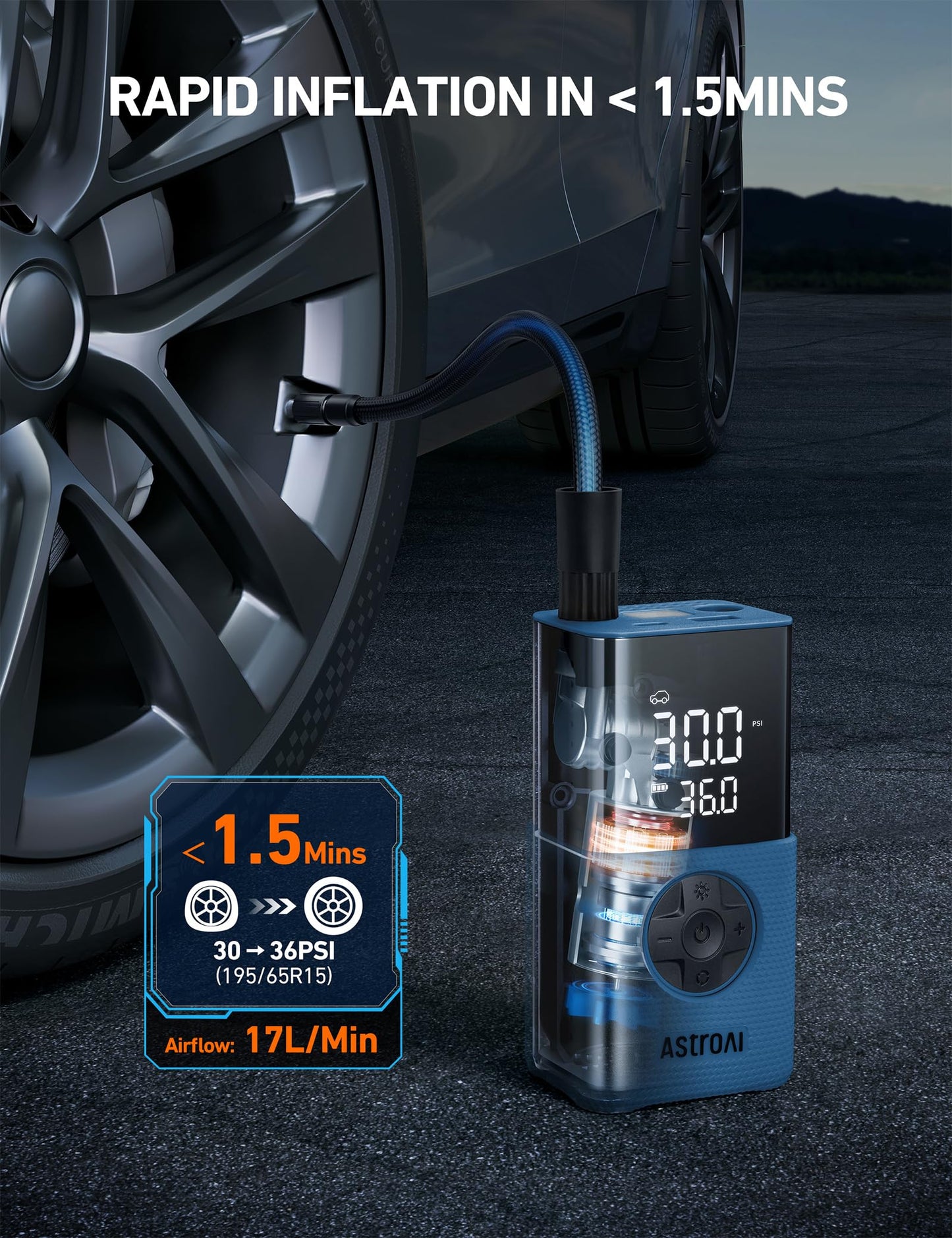 AstroAI L7 Tire Inflator Portable Air Compressor,150 PSI Cordless Bike Pump | For Car Tires, Bikes, Motorcycles and Balls; Auto Shut-off, Digital Display Pressure Gauge, Fast Inflation, LED Light