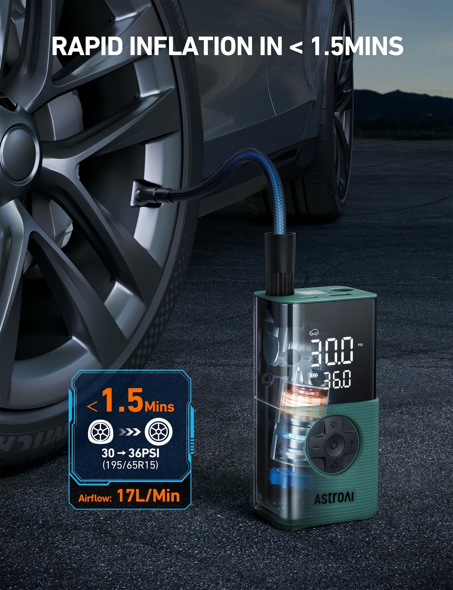 AstroAI L7 Tire Inflator Portable Air Compressor,150 PSI Cordless Bike Pump | For Car Tires, Bikes, Motorcycles and Balls; Auto Shut-off, Digital Display Pressure Gauge, Fast Inflation, LED Light