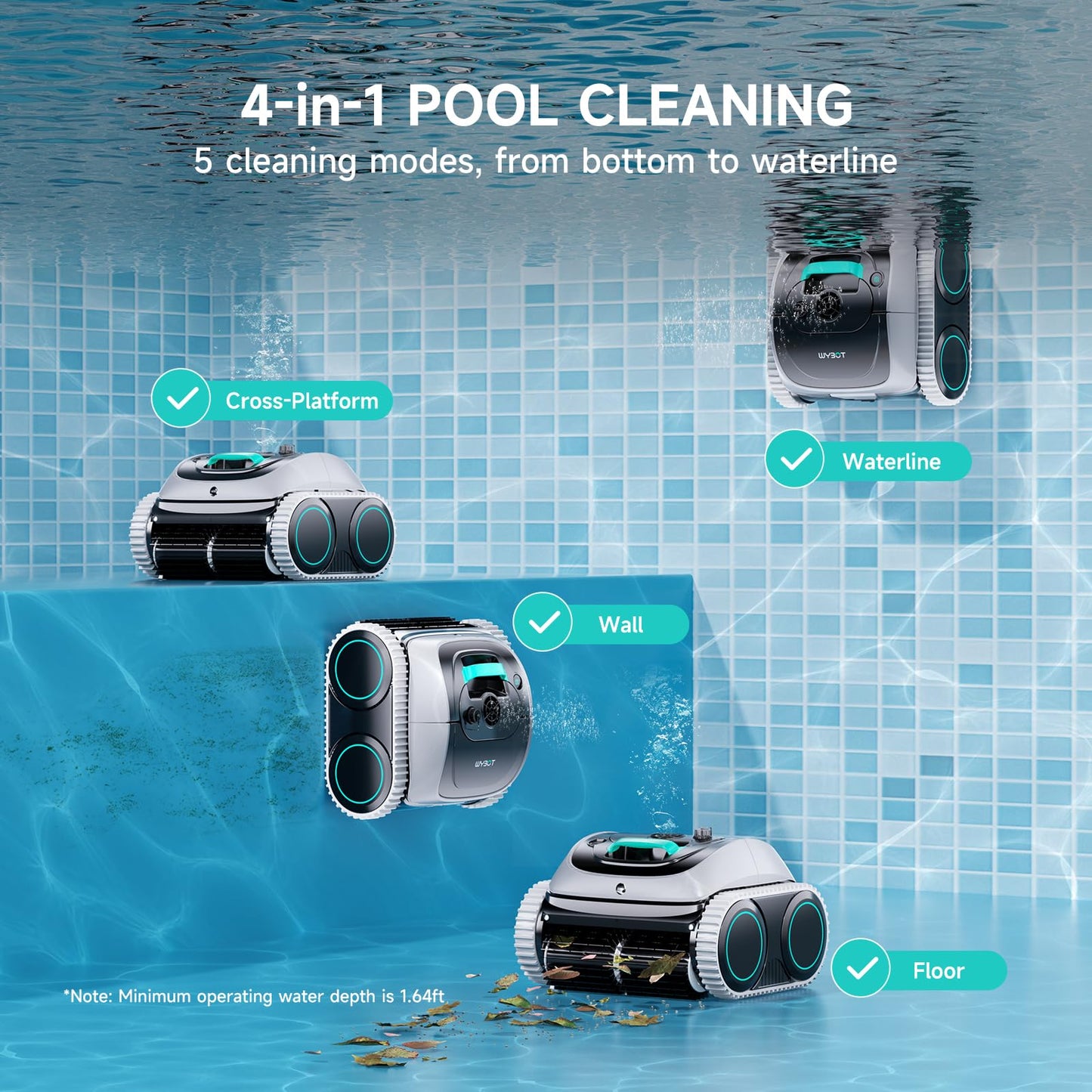 WYBOT C1 Cordless Robotic Pool Vacuum for Inground Pools, Professional | 4-in-1 Robotic Pool Cleaner for Above Ground Pool, 160 Mins Runtime, APP Countrol, Smart Navigation with Powerful Suction