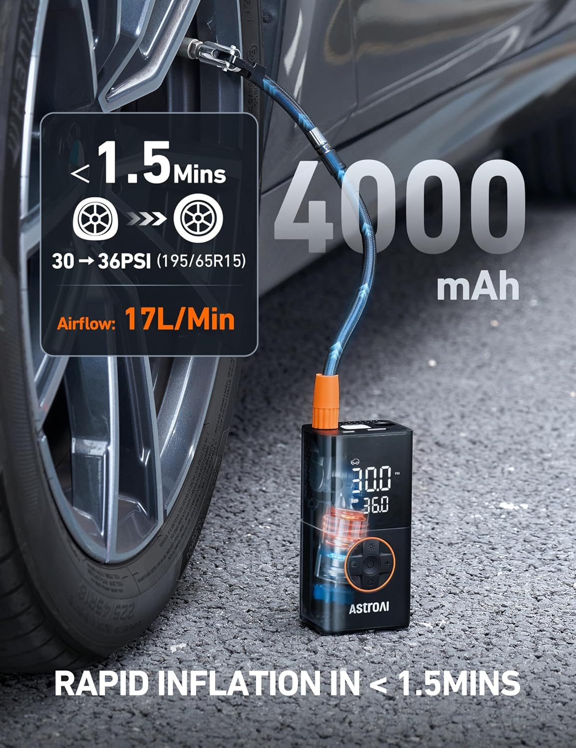 AstroAI L7 Tire Inflator Portable Air Compressor,150 PSI Cordless Bike Pump | For Car Tires, Bikes, Motorcycles and Balls; Auto Shut-off, Digital Display Pressure Gauge, Fast Inflation, LED Light