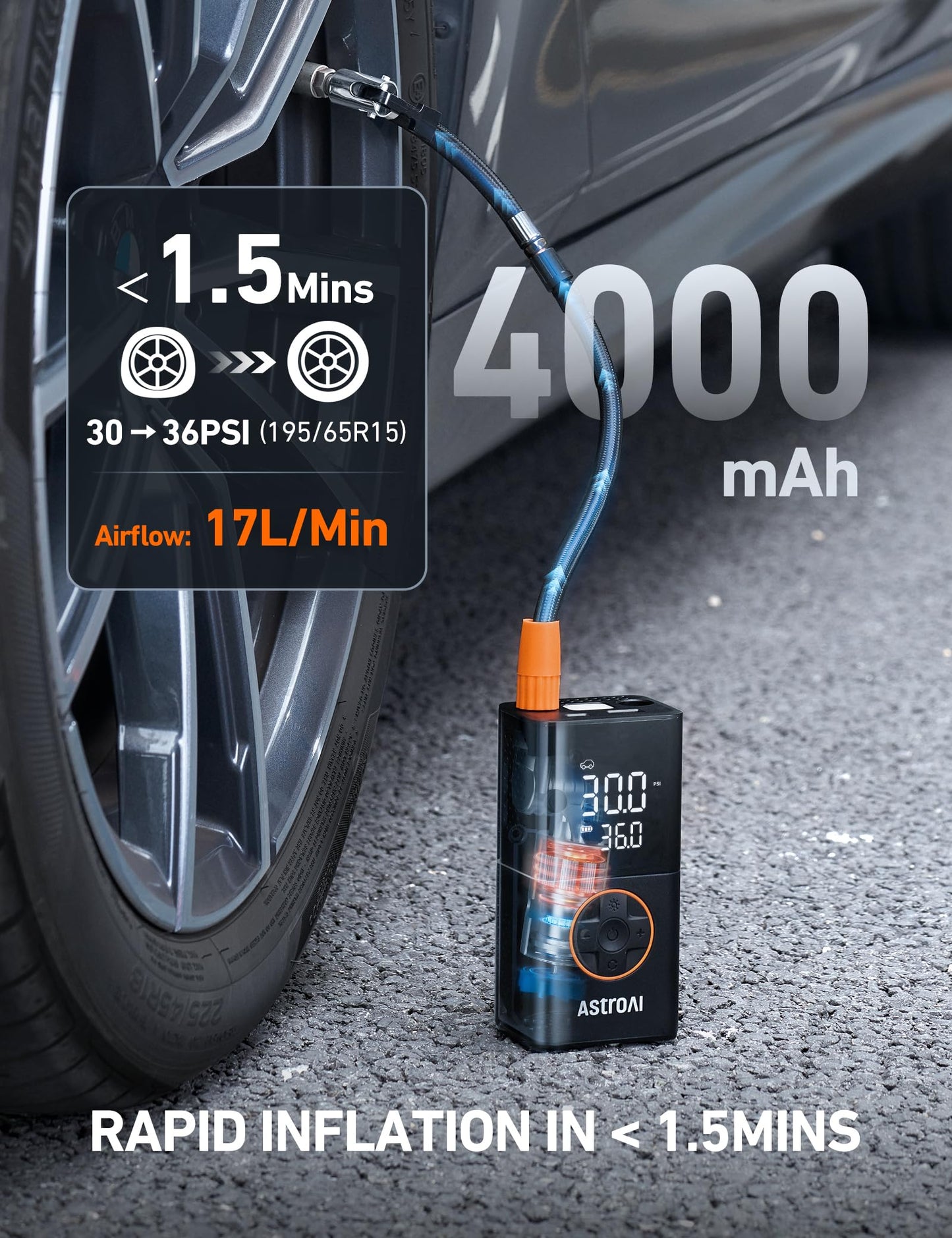 AstroAI L7 Tire Inflator Portable Air Compressor,150 PSI Cordless Bike Pump | For Car Tires, Bikes, Motorcycles and Balls; Auto Shut-off, Digital Display Pressure Gauge, Fast Inflation, LED Light