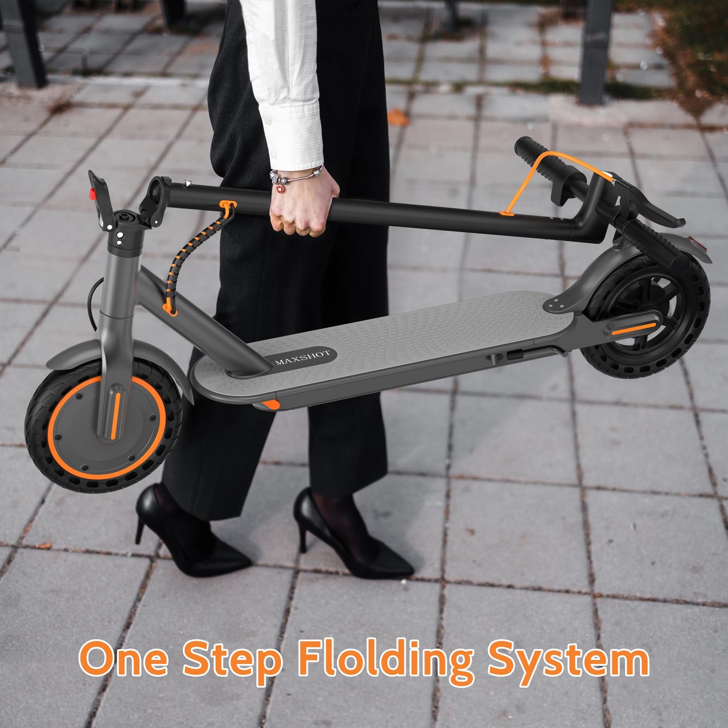 Maxshot Electric Scooter, 8.5" /10" /14" Tire, 16/19/22 Mph Top Speed, 12/16/21/27/28/49/50 Miles Long Range, Folding Escooter for Adults and Kids with Seat Bag, Dual Braking, Dual Suspension, App