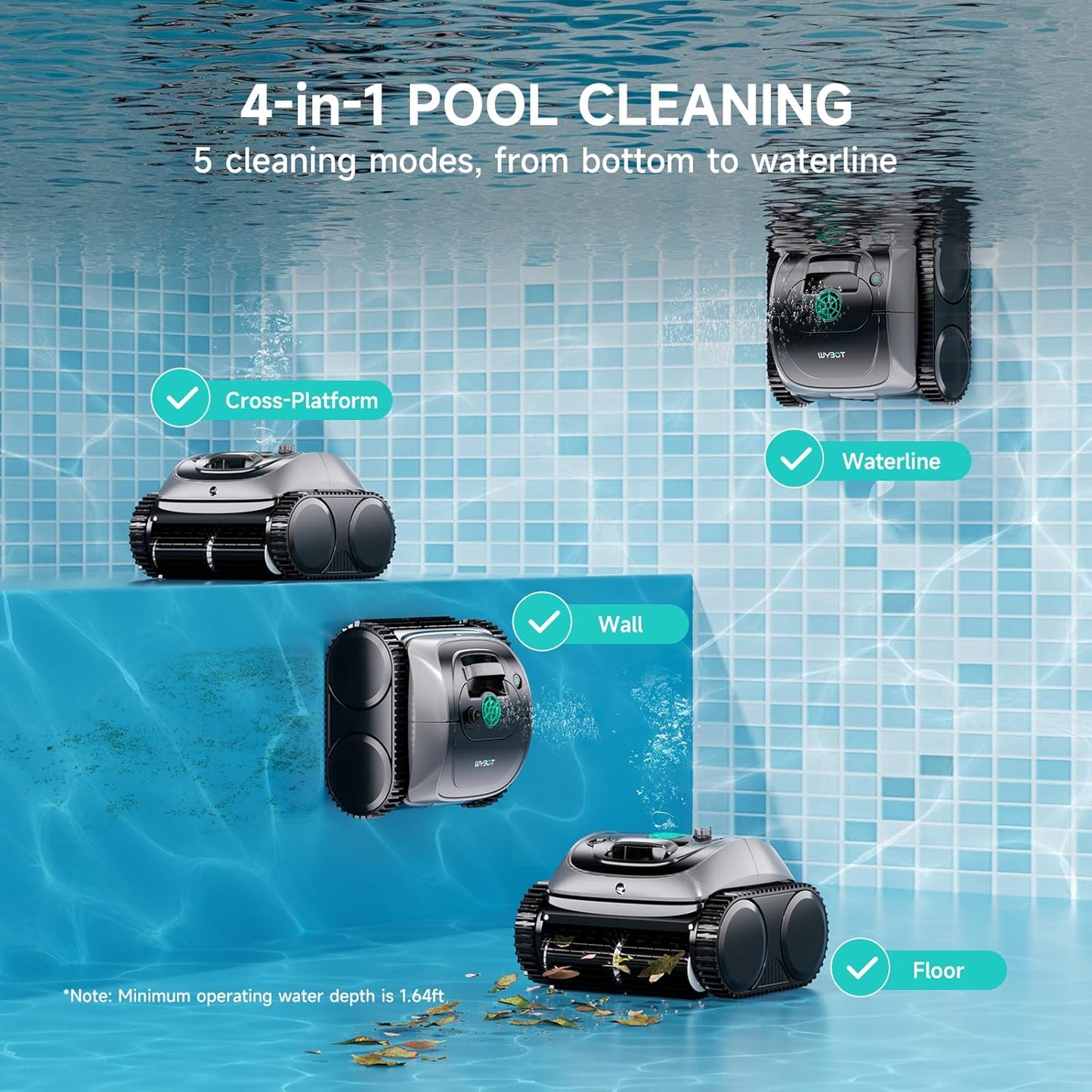 WYBOT C1 Cordless Robotic Pool Vacuum for Inground Pools, Professional | 4-in-1 Robotic Pool Cleaner for Above Ground Pool, 160 Mins Runtime, APP Countrol, Smart Navigation with Powerful Suction