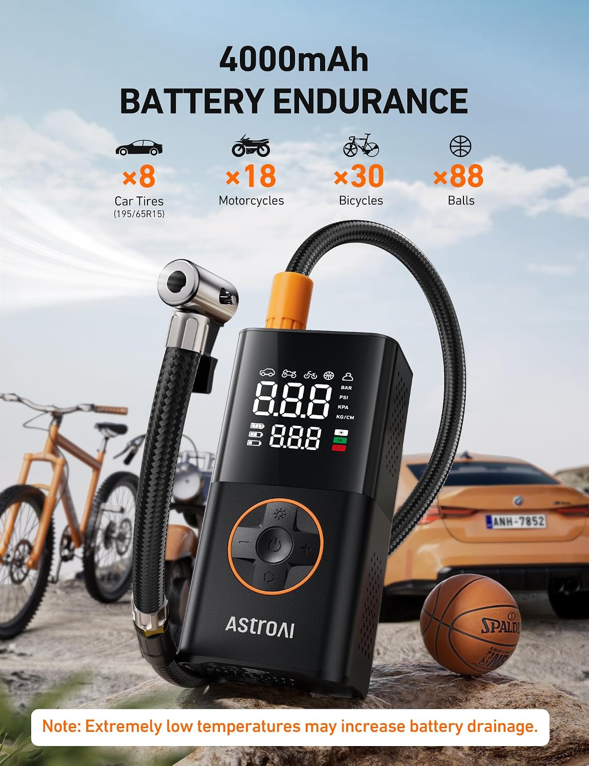 AstroAI L7 Tire Inflator Portable Air Compressor,150 PSI Cordless Bike Pump | For Car Tires, Bikes, Motorcycles and Balls; Auto Shut-off, Digital Display Pressure Gauge, Fast Inflation, LED Light