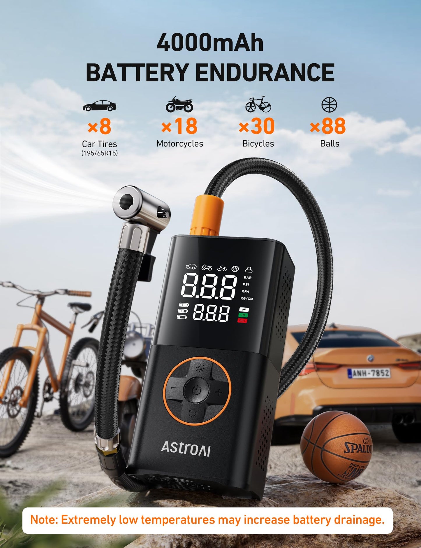 AstroAI L7 Tire Inflator Portable Air Compressor,150 PSI Cordless Bike Pump | For Car Tires, Bikes, Motorcycles and Balls; Auto Shut-off, Digital Display Pressure Gauge, Fast Inflation, LED Light