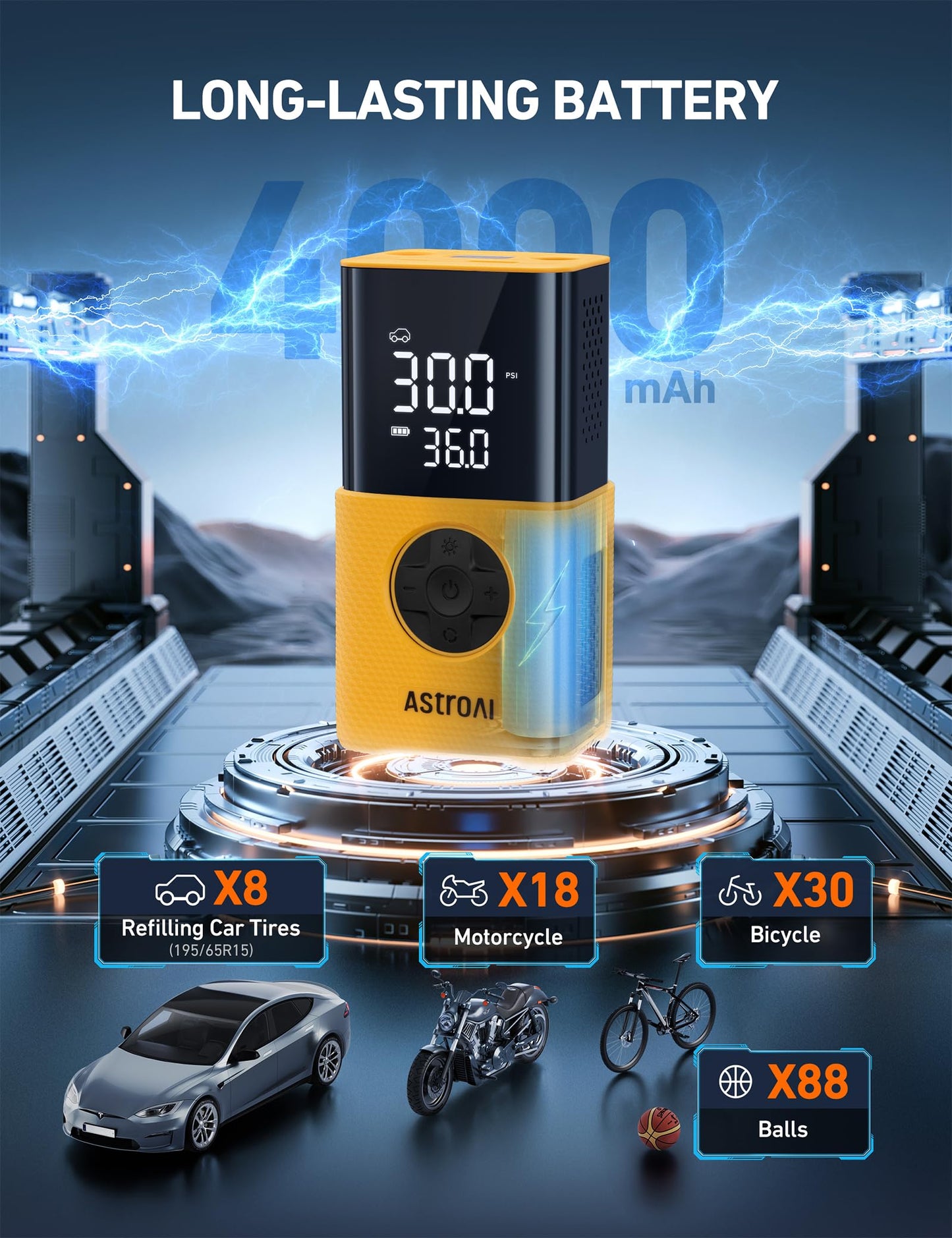 AstroAI L7 Tire Inflator Portable Air Compressor,150 PSI Cordless Bike Pump | For Car Tires, Bikes, Motorcycles and Balls; Auto Shut-off, Digital Display Pressure Gauge, Fast Inflation, LED Light