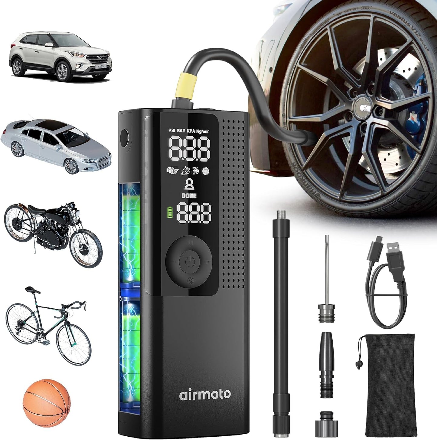 Airmoto Tire Inflator Portable Air Compressor for Cars, Bikes and Bicycles | Cordless Air Pump with Digital Pressure Gauge, Bright LED & Auto Shut-Off, Works on All Tires and Inflatables