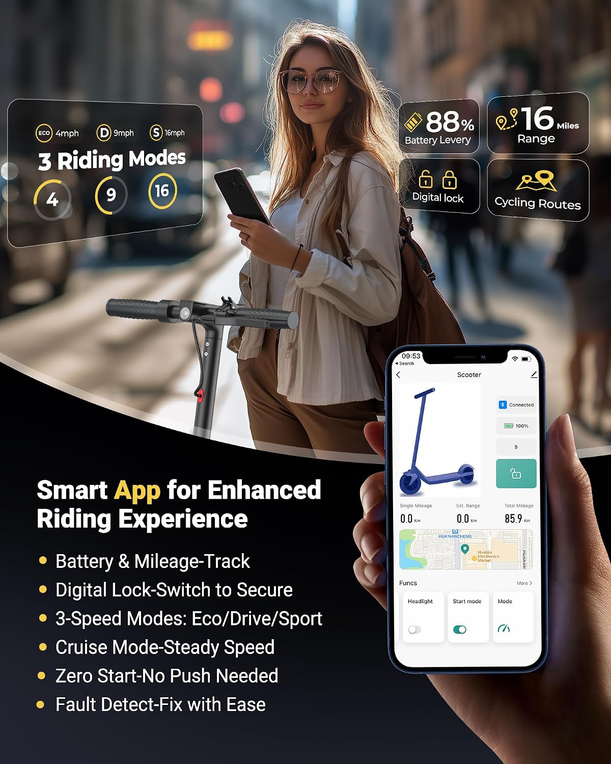 Maxshot Electric Scooter, 8.5" /10" /14" Tire, 16/19/22 Mph Top Speed, 12/16/21/27/28/49/50 Miles Long Range, Folding Escooter for Adults and Kids with Seat Bag, Dual Braking, Dual Suspension, App