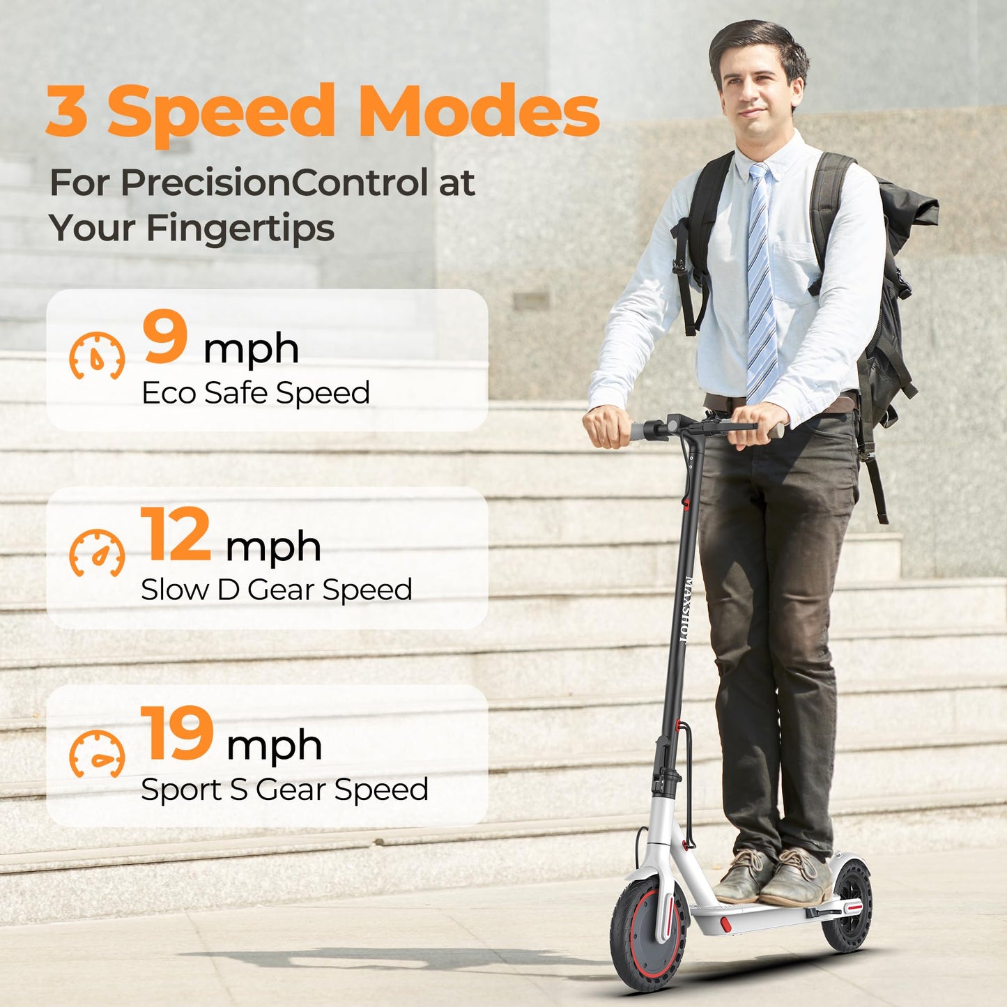 Maxshot Electric Scooter, 8.5" /10" /14" Tire, 16/19/22 Mph Top Speed, 12/16/21/27/28/49/50 Miles Long Range, Folding Escooter for Adults and Kids with Seat Bag, Dual Braking, Dual Suspension, App