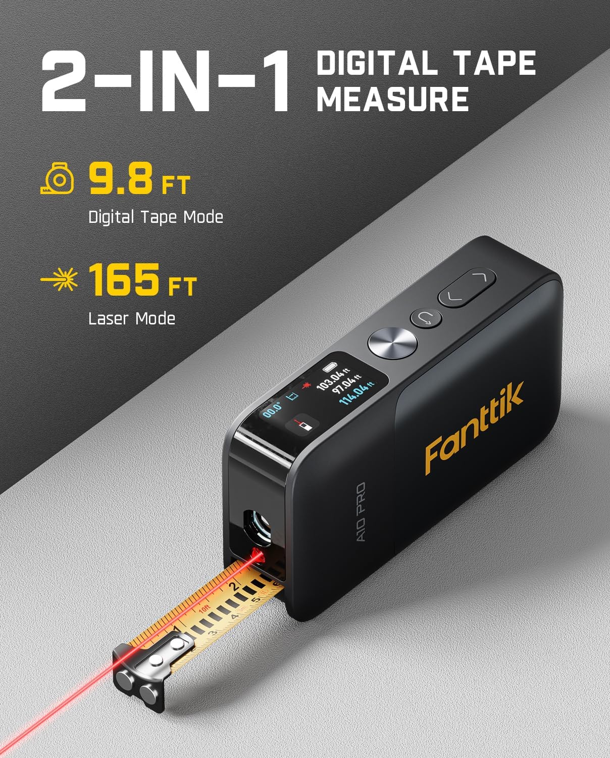 Fanttik A10 Pro 2-in-1 Digital Laser Tape Measure for Distance/Area/Volume | with HD IPS Color Display, 165Ft Rechargeable Laser Measurement Tool & 9.8Ft Measuring Tape, 6 Units Selectable