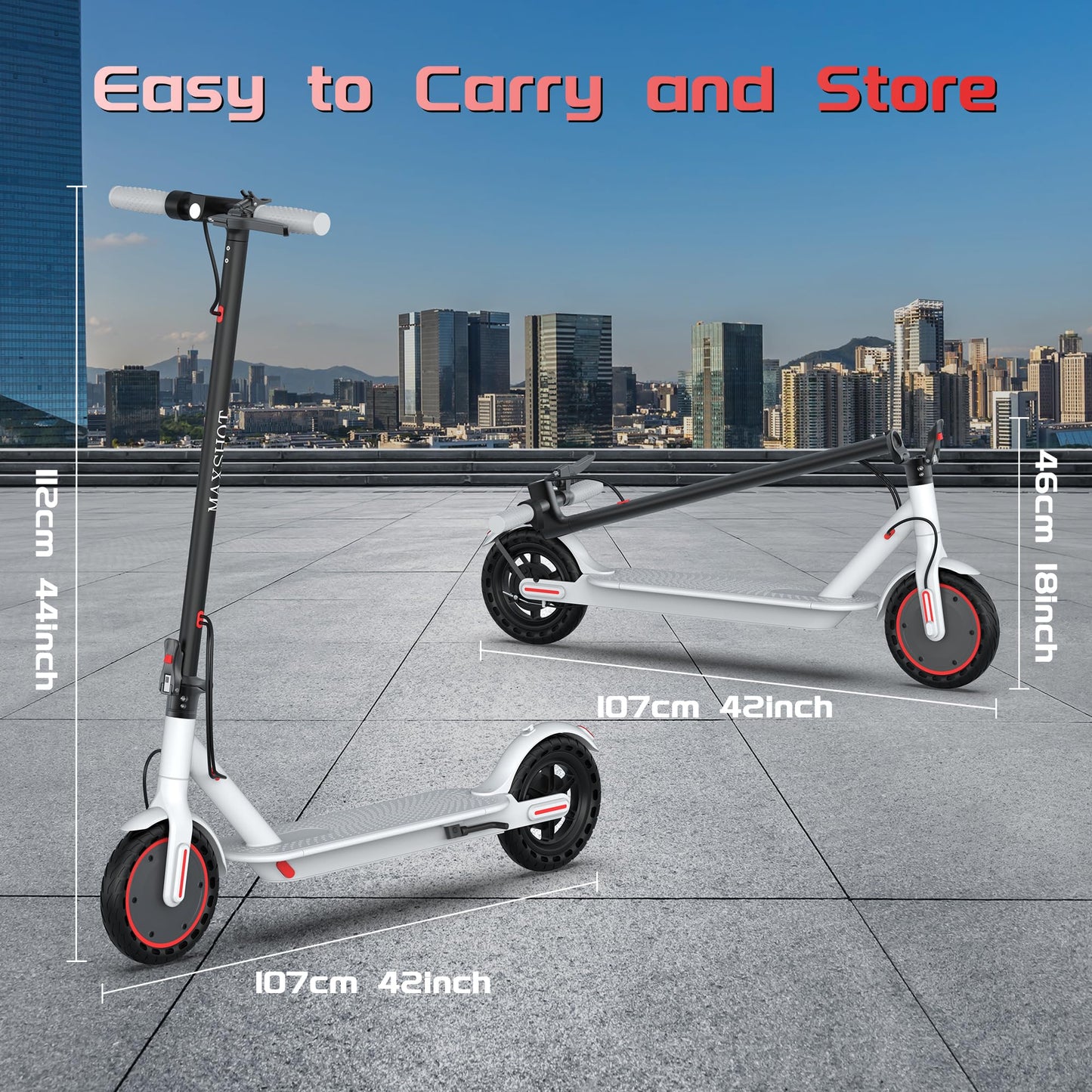 Maxshot Electric Scooter, 8.5" /10" /14" Tire, 16/19/22 Mph Top Speed, 12/16/21/27/28/49/50 Miles Long Range, Folding Escooter for Adults and Kids with Seat Bag, Dual Braking, Dual Suspension, App