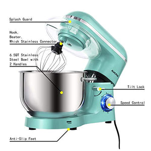 Aucma Stand Mixer,6.5-QT 660W 6-Speed Tilt-Head Food Mixer, 6.5QT, Blue