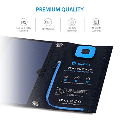 BigBlue 5V 28W Solar Charger with Digital Ammeter, Waterproof Foldable Black