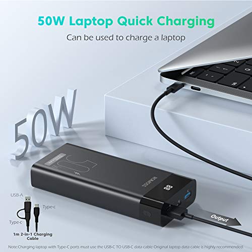 USB C Laptop Power Bank - ROMOSS 50W MAX PD 20000mAh 187.5×116.5×37mm, Black