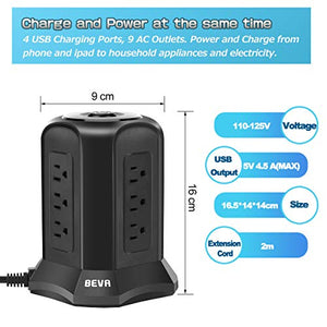 BEVA Power Strip Tower with 9 AC-Outlets and 4 USB Charging Ports Switch...