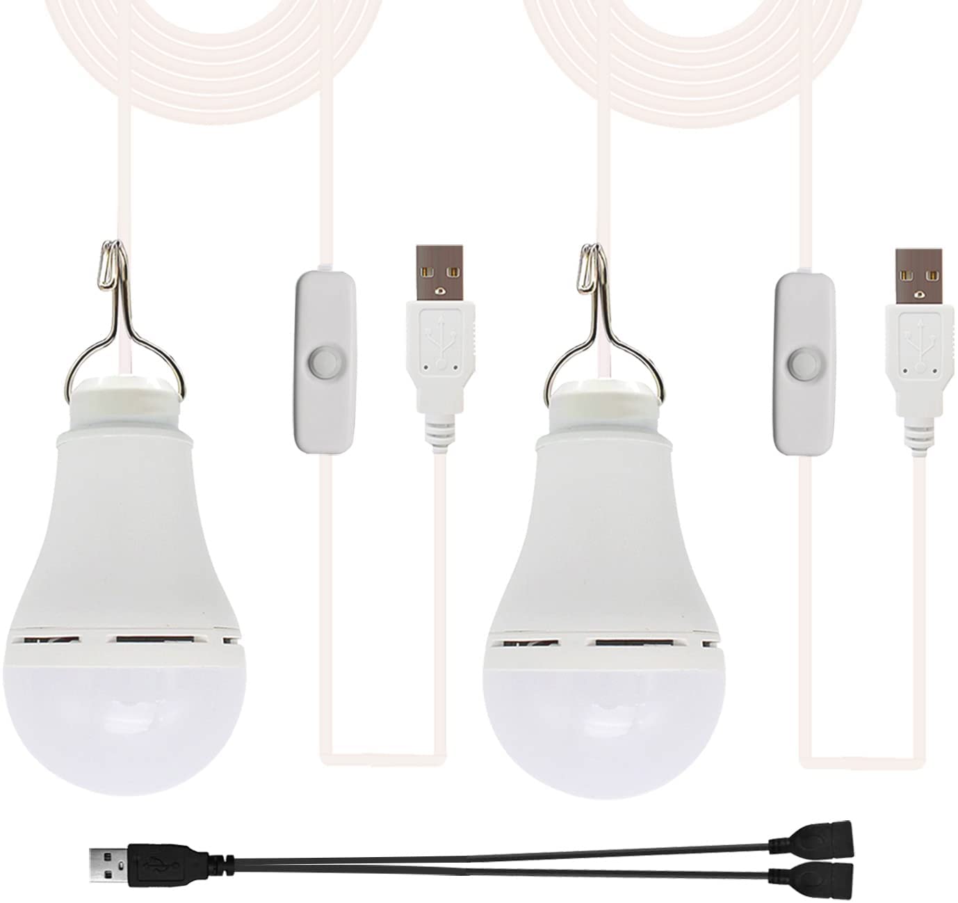 2 Pcs 10w USB Light Bulb with Splitter Y-Cable Camping for White