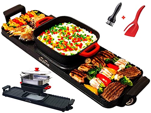 SKAIVA 3 in 1 Electric Smokeless Grill and Hot Pot with Black Silver Red