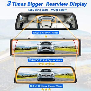 PORMIDO Mirror Dash Cam Backup Camera 12" Full Screen Rear View