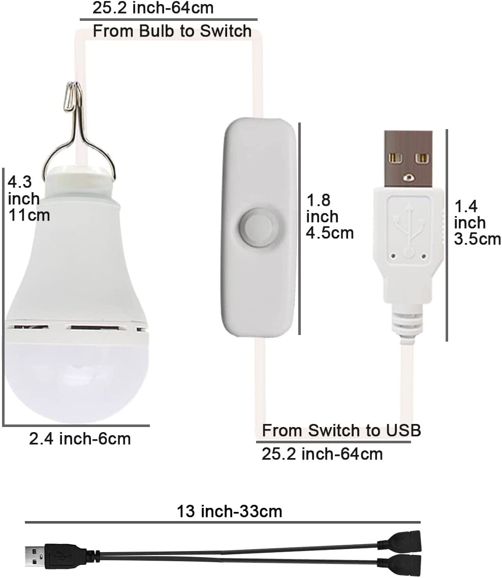 2 Pcs 10w USB Light Bulb with Splitter Y-Cable Camping for White