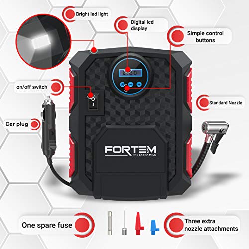 FORTEM Tire Inflator Portable Air Compressor, Bike Pump, 12V Red
