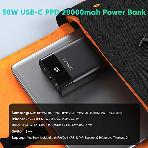 USB C Laptop Power Bank - ROMOSS 50W MAX PD 20000mAh 187.5×116.5×37mm, Black