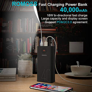 ROMOSS 40000mAh Power Bank, 18W PD&QC Fast Charge L:6.7 x 3.2 x 1.7 in, black