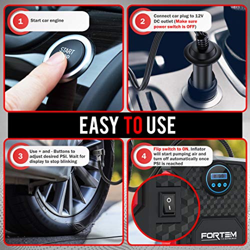 FORTEM Tire Inflator Portable Air Compressor, Bike Pump, 12V Red