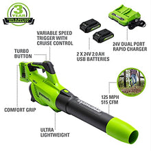 Load image into Gallery viewer, Greenworks 48V (2 x 24V) Cordless Axial Blower (125 MPH 2*2Ah Battery, Green