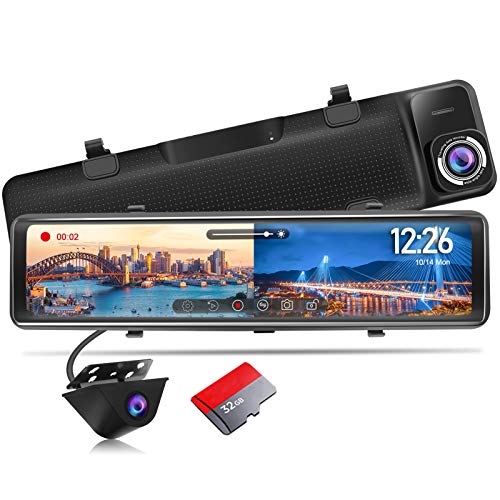 PORMIDO Triple Mirror Dash Cam 12 with Detached Front and in-Car  Camera,Waterproof Backup Rear View Dashcam Anti Glare 1296P IPS Touch  Screen with