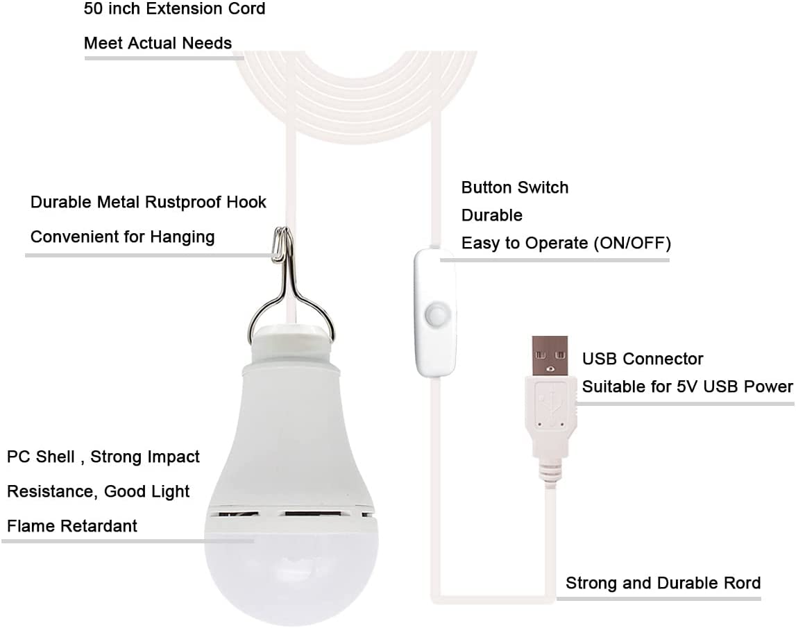 2 Pcs 10w USB Light Bulb with Splitter Y-Cable Camping for White
