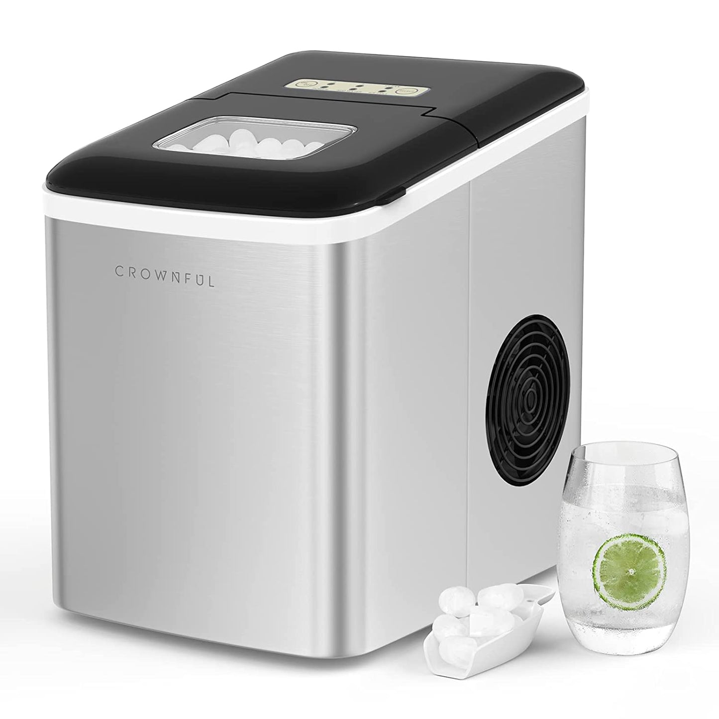 CROWNFUL Ice Maker Machine for Countertop, 9 Bullet Cubes Small, Silver