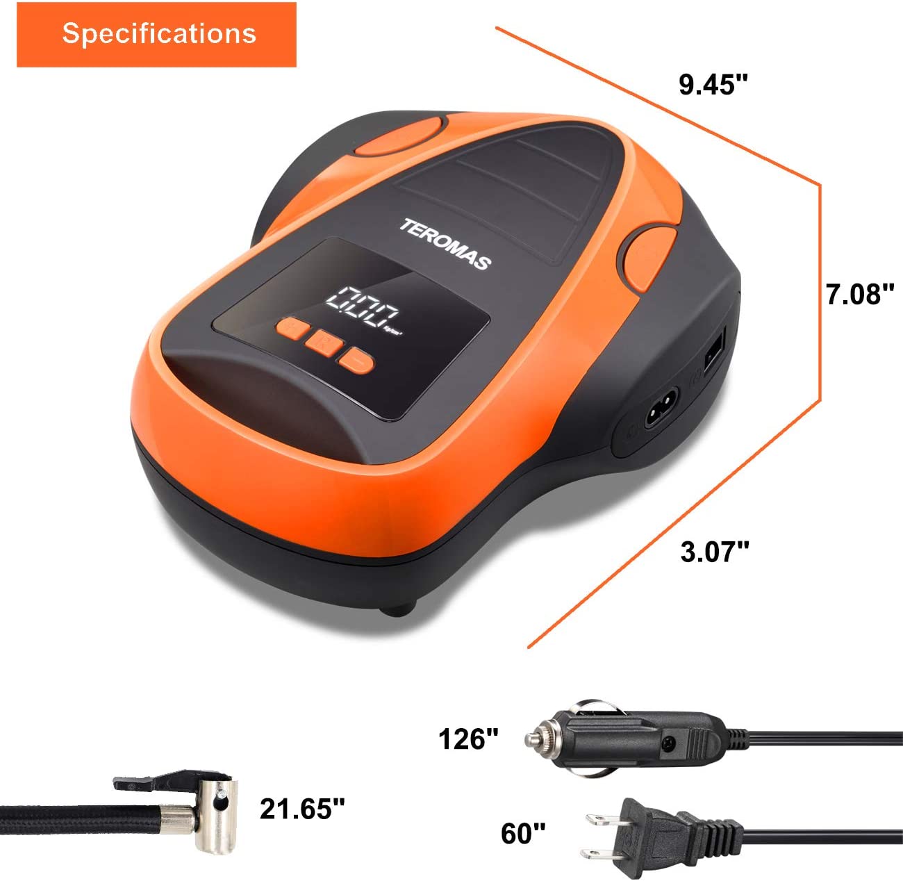 TEROMAS Tire Inflator Air Compressor, Portable DC/AC Pump for Car Orange