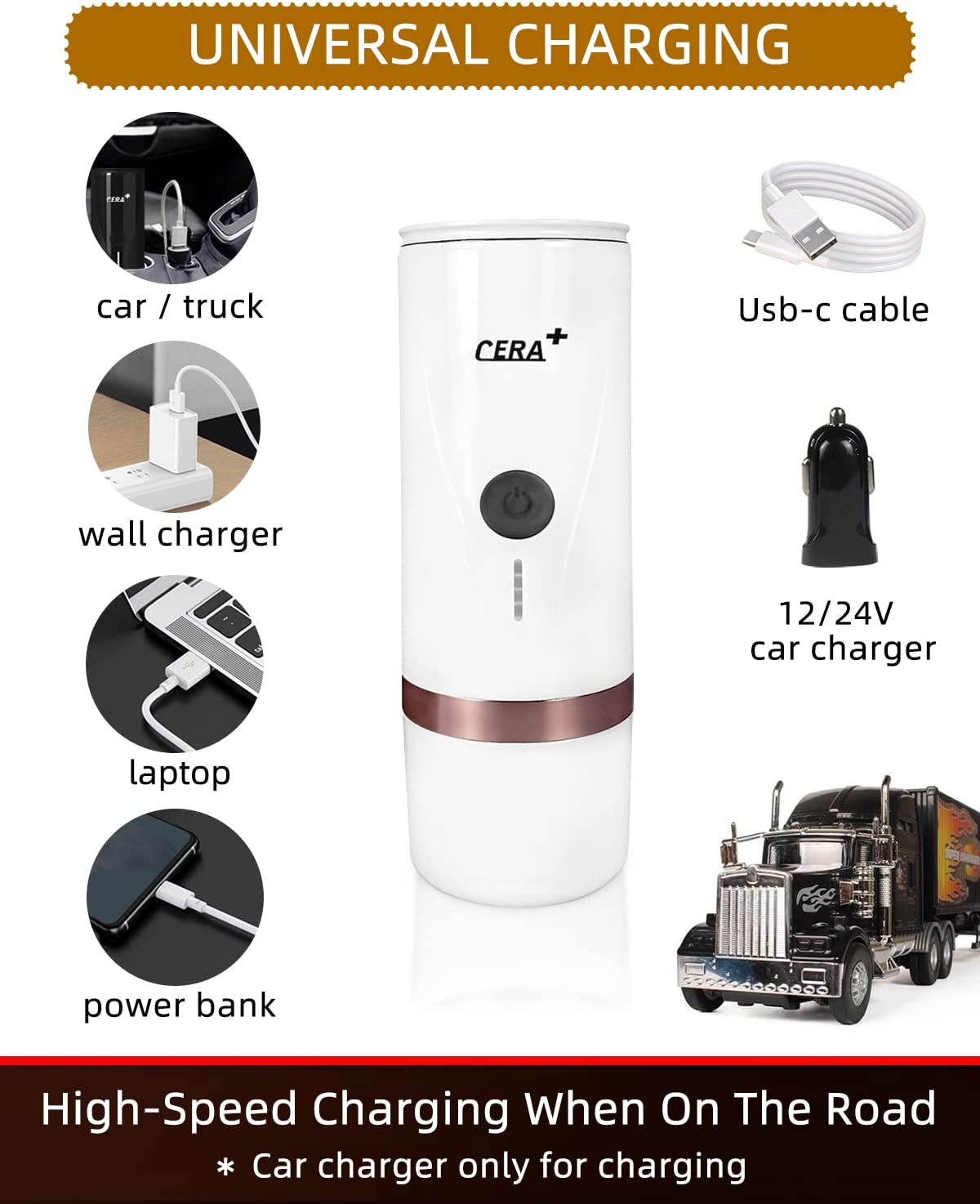 CERA+ Portable Electric Coffee Maker, Rechargeable Mini Battery White