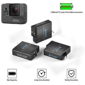 Artman GoPro Hero 5/6/7 1480mah Replacement Batteries (3 Pack) and 3-Channel...
