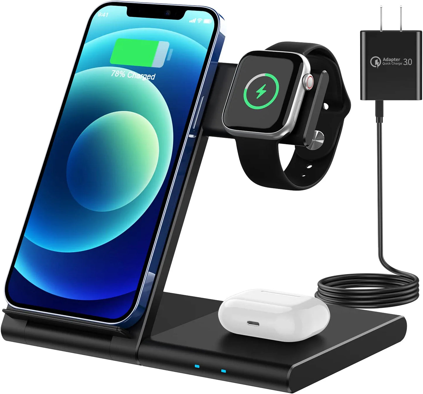 WATOE Wireless Charger 3 in 1 Charging Station for iPhone 14/13/12 Black
