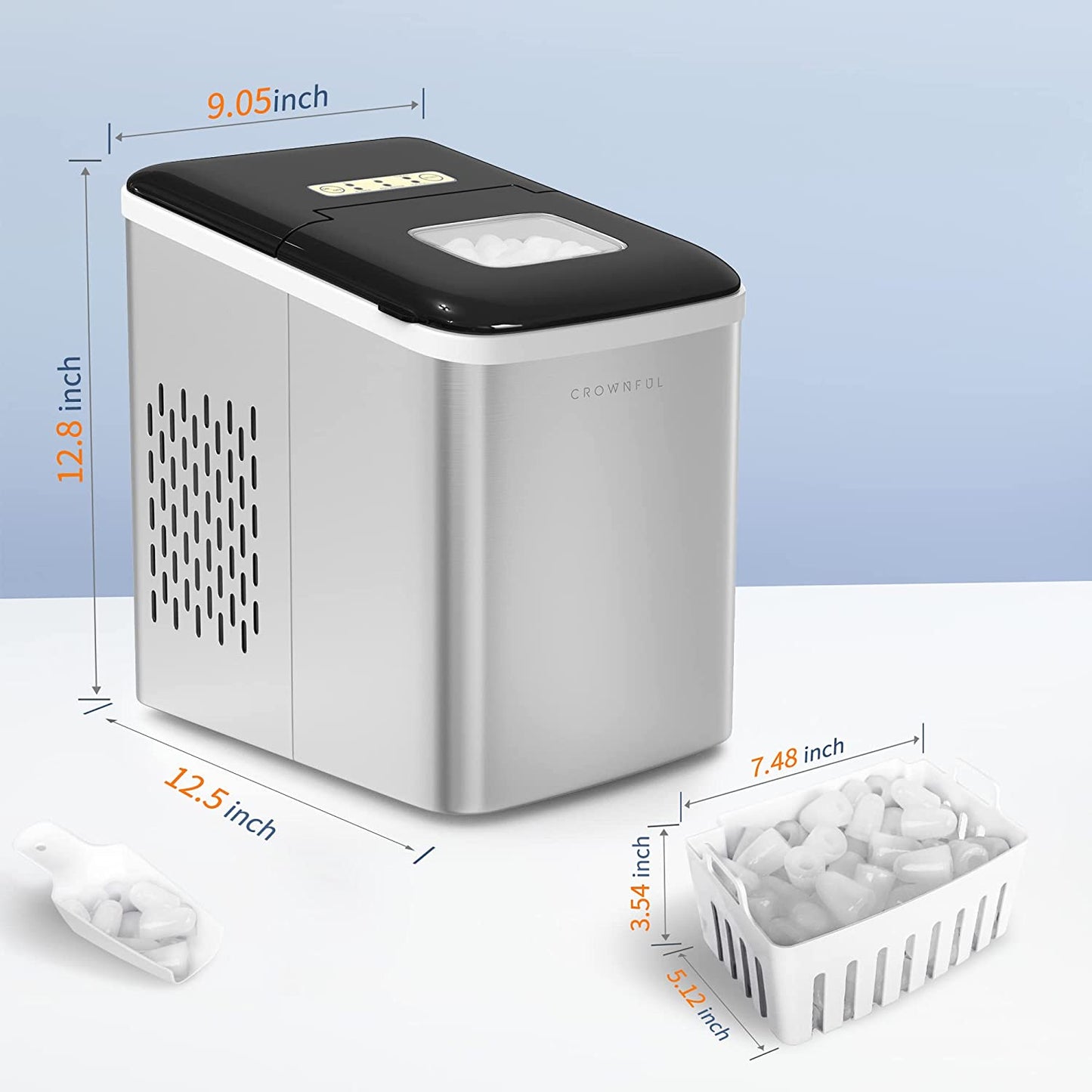CROWNFUL Ice Maker Machine for Countertop, 9 Bullet Cubes Small, Silver