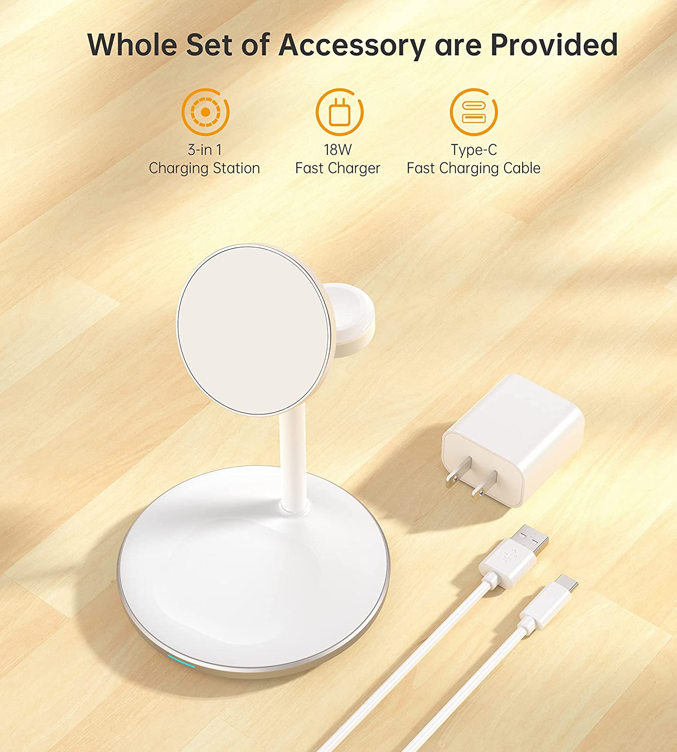 3 in 1 Wireless Charging Station for Multiple Devices, 15W Fast White